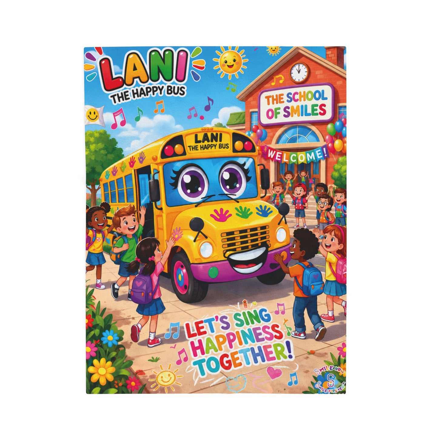 Lani the Happy Bus Kids Velveteen Blanket — "Let's Sing Happiness Together" Cozy Throw