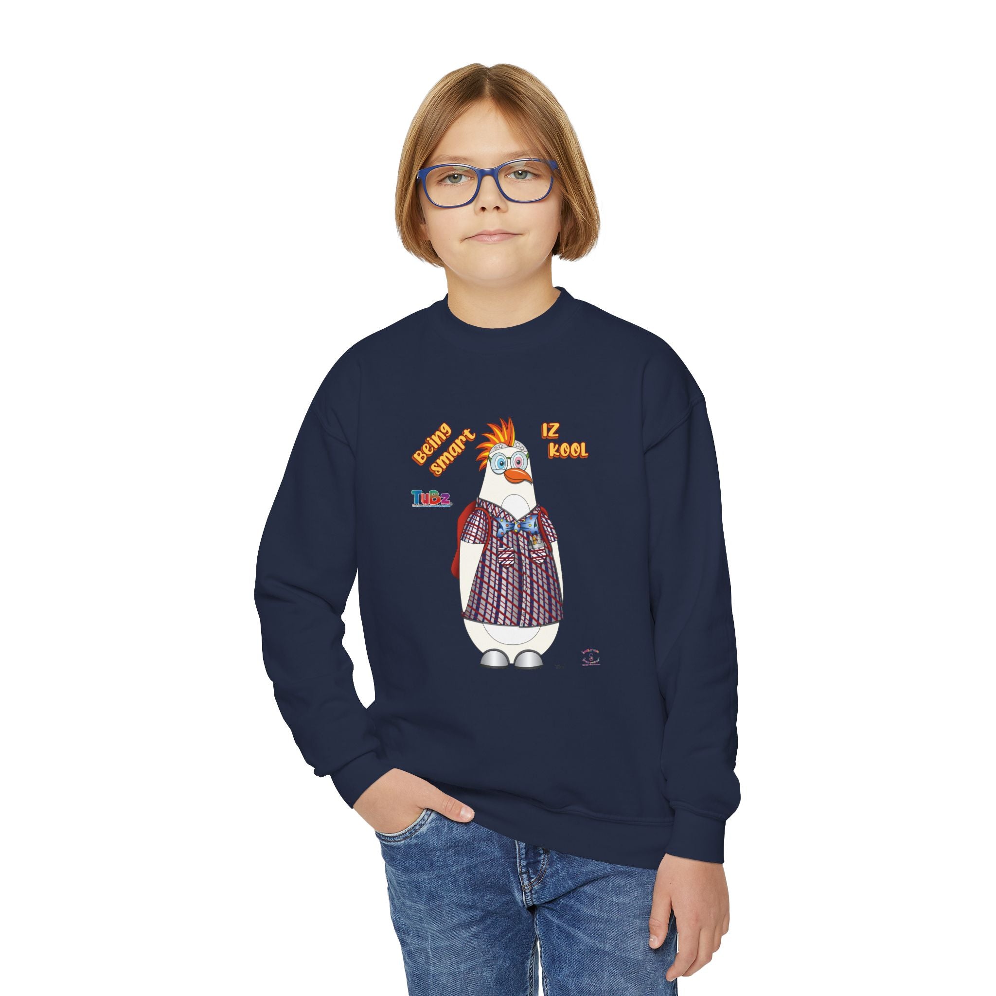 TuBz™ "Being Smart Iz Kool" Youth Crewneck Sweatshirt – Character Dress-Up Graphic Sweatshirt | Smile Universe TuBz4Kidz Collection