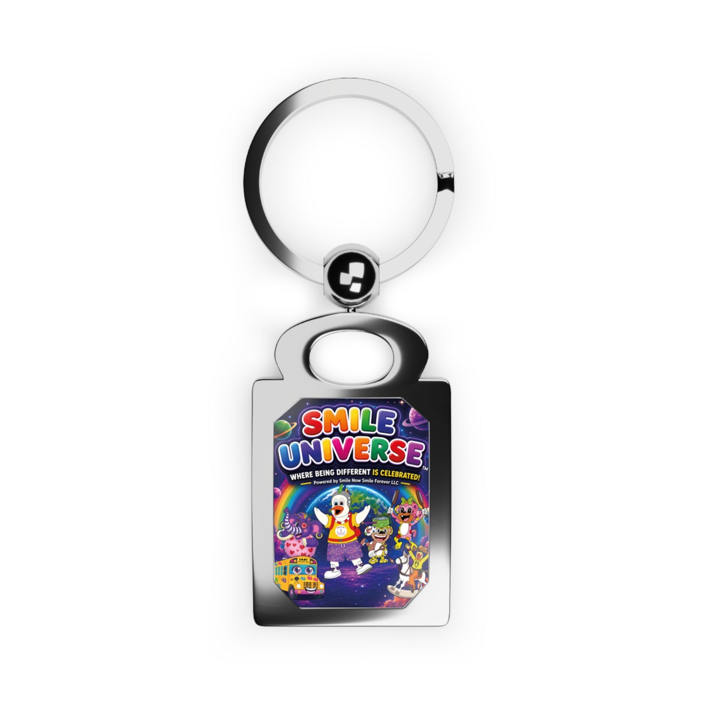 Smile Universe™ Rectangle Photo Keyring – "Where Being Different is CELEBRATED!" Graphic