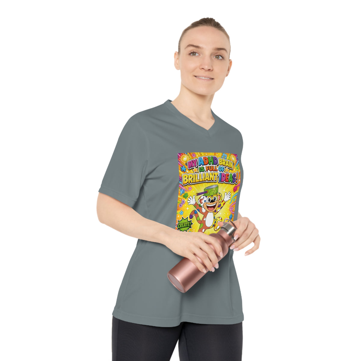 Potz™ Women's Performance V-Neck T-Shirt – "My ADHD Brain is Full of Brilliant Ideas!" Graphic Tee | Smile Universe Collection