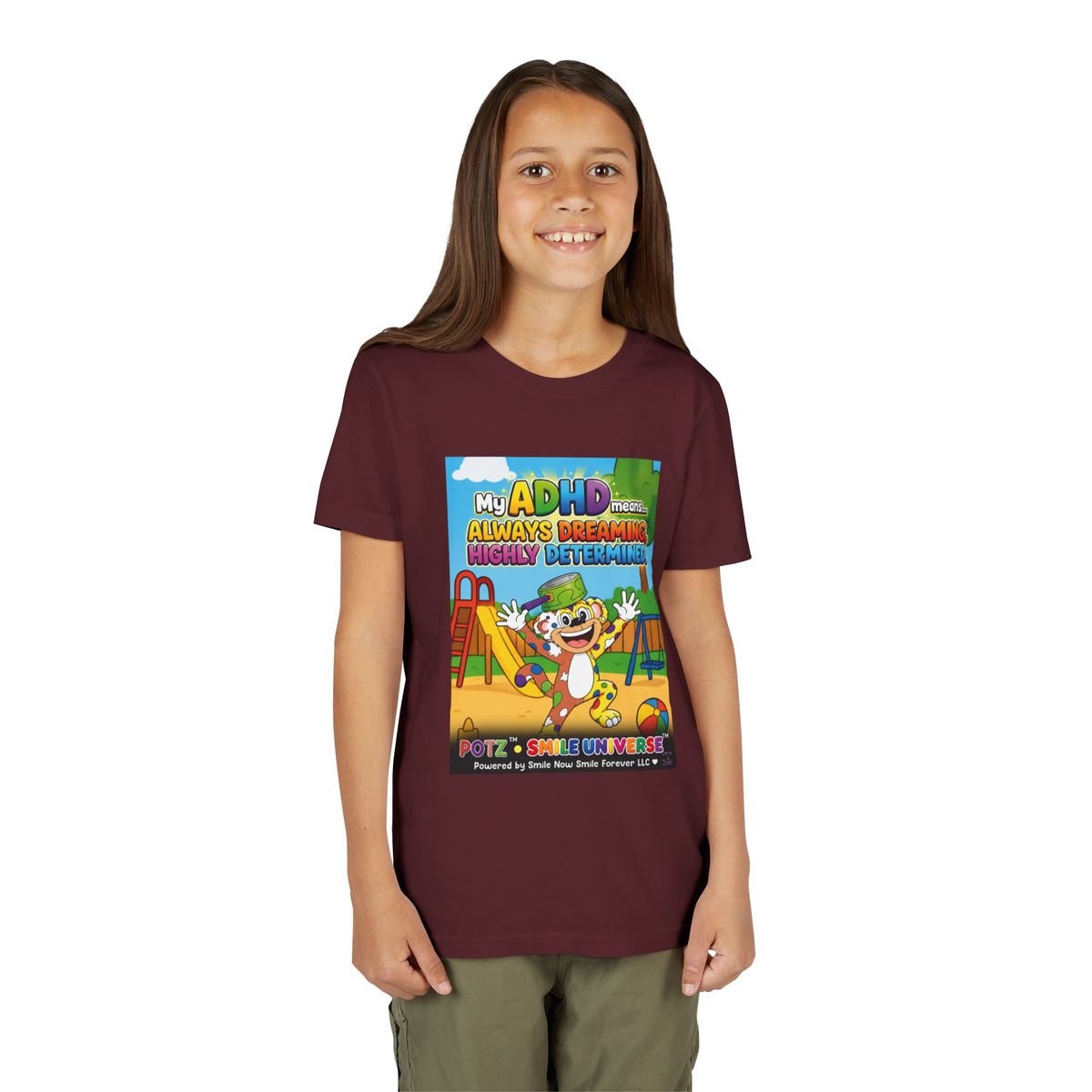Potz™ Youth Short Sleeve Tee – "My ADHD Means Always Dreaming, Highly Determined" Graphic Tee | Smile Universe Collection