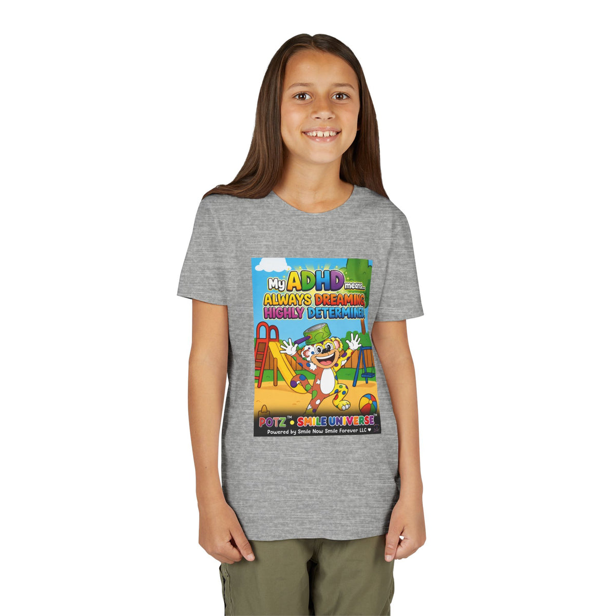Potz™ Youth Short Sleeve Tee – "My ADHD Means Always Dreaming, Highly Determined" Graphic Tee | Smile Universe Collection