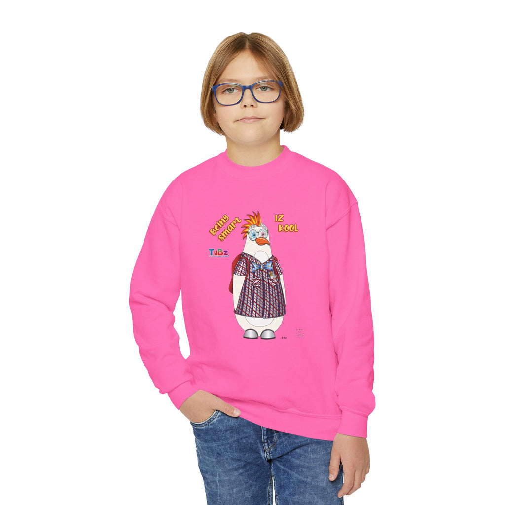 TuBz™ "Being Smart Iz Kool" Youth Crewneck Sweatshirt – Character Dress-Up Graphic Sweatshirt | Smile Universe TuBz4Kidz Collection