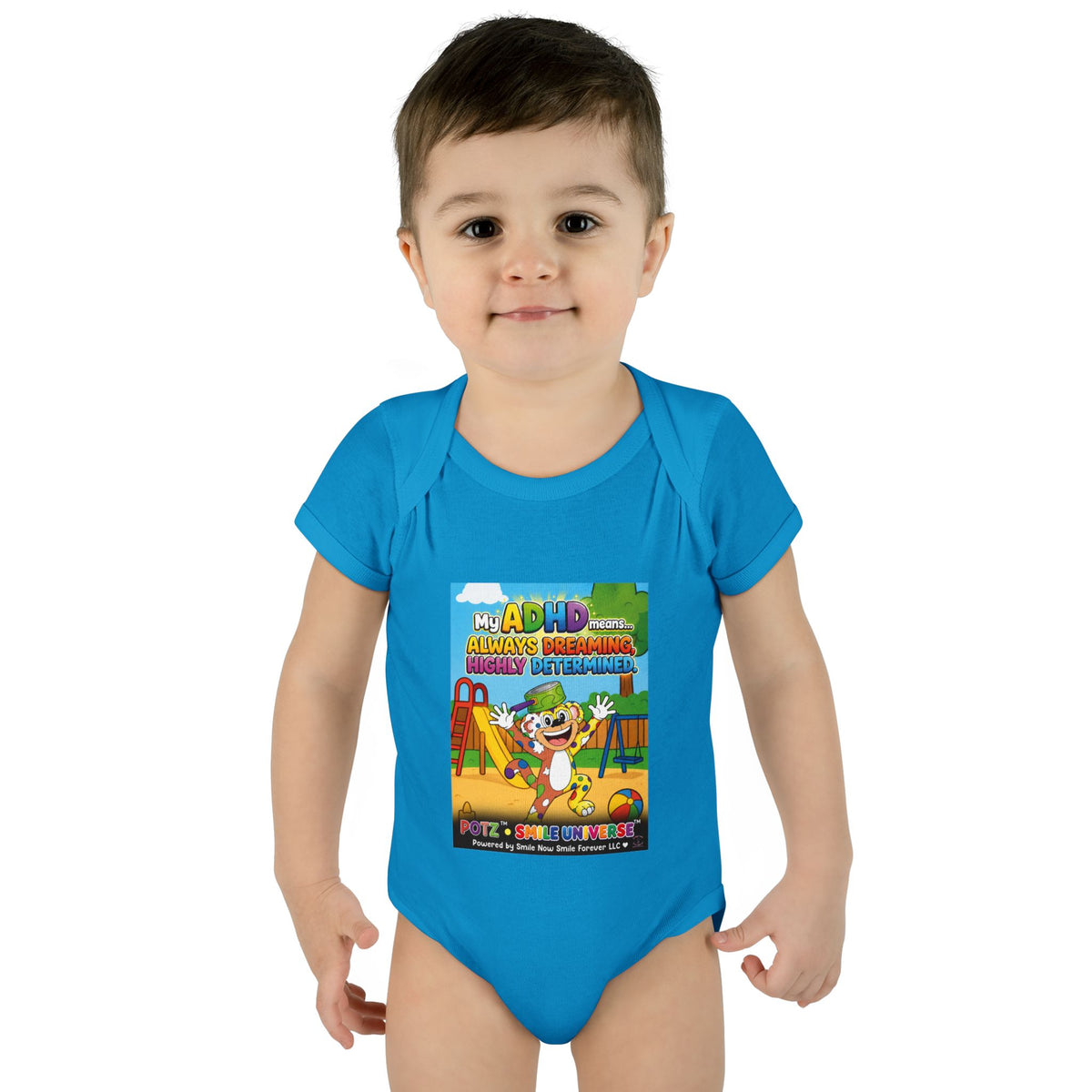 Potz™ Infant Baby Rib Bodysuit – "My ADHD Means Always Dreaming, Highly Determined" Graphic Onesie | Smile Universe Collection