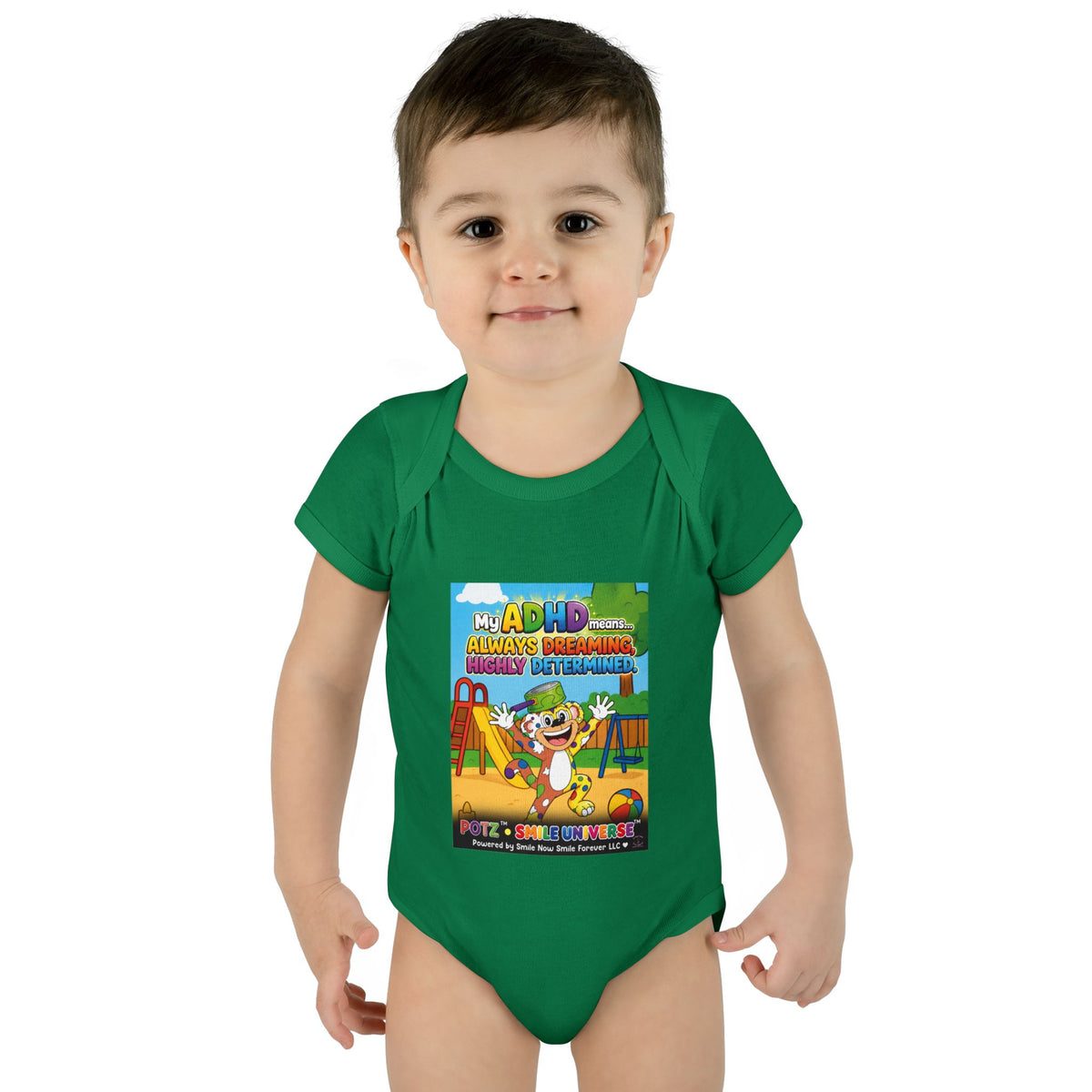 Potz™ Infant Baby Rib Bodysuit – "My ADHD Means Always Dreaming, Highly Determined" Graphic Onesie | Smile Universe Collection