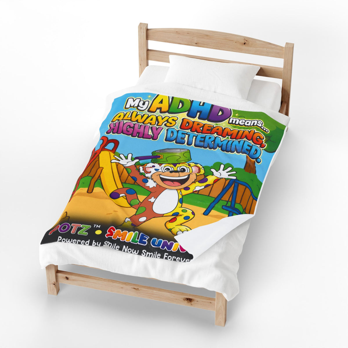 Potz™ Velveteen Plush Blanket – "My ADHD Means Always Dreaming, Highly Determined" Graphic Throw | Smile Universe Collection