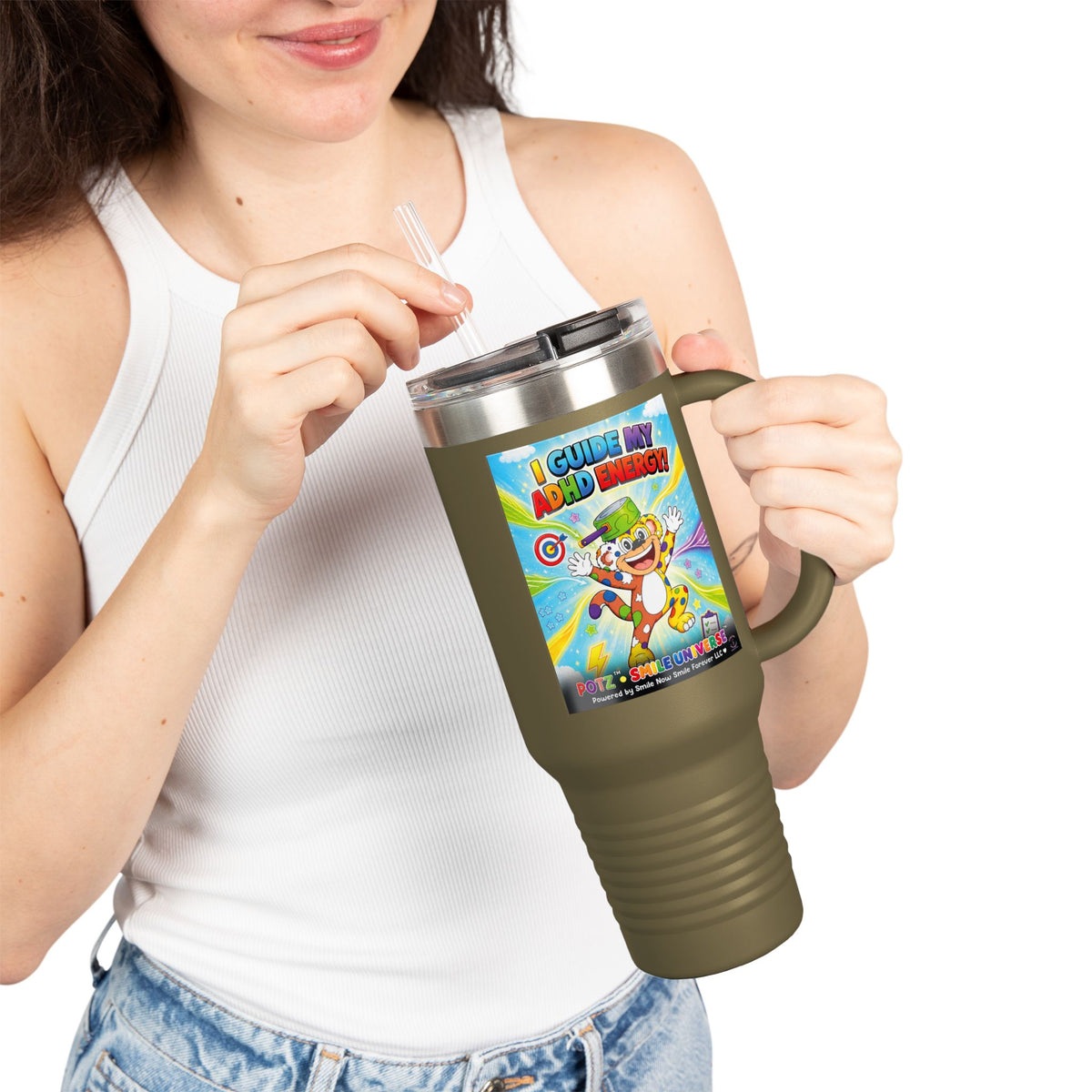 Potz™ Insulated Travel Mug 40oz – "I Guide My ADHD Energy!" Graphic Tumbler | Smile Universe Collection