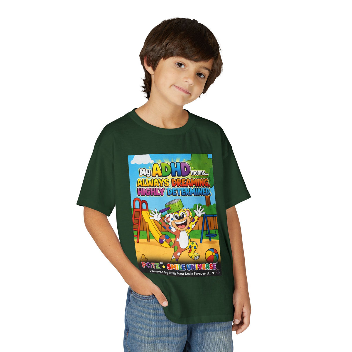 Potz™ Youth DryBlend® T-Shirt – "My ADHD Means Always Dreaming, Highly Determined" Graphic Tee | Smile Universe Collection