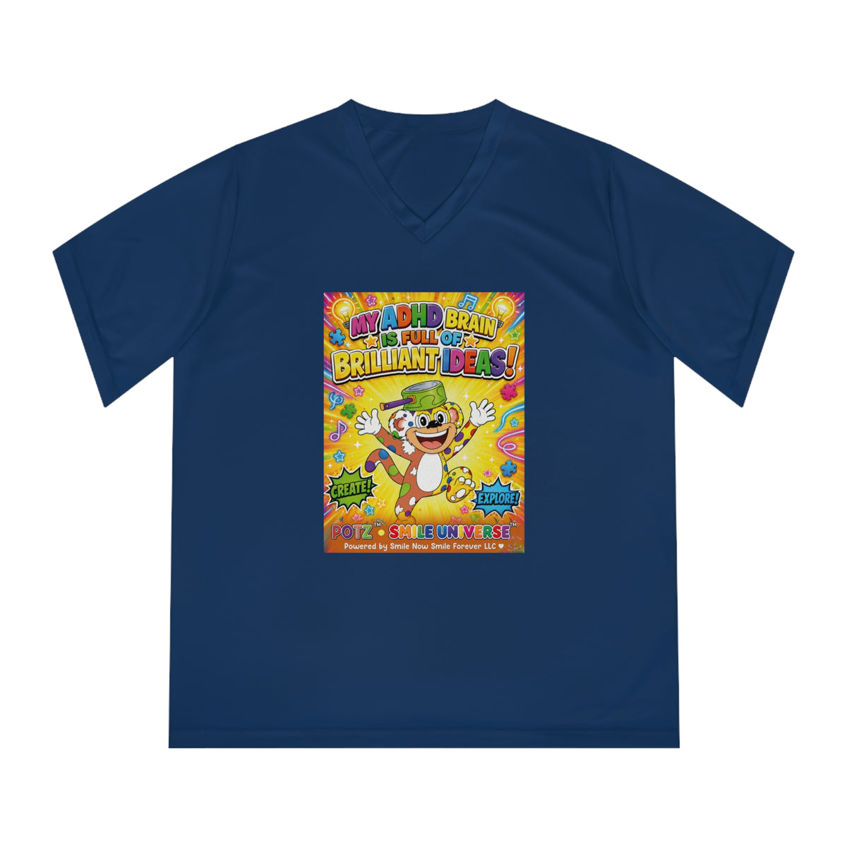 Potz™ Women's Performance V-Neck T-Shirt – "My ADHD Brain is Full of Brilliant Ideas!" Graphic Tee | Smile Universe Collection