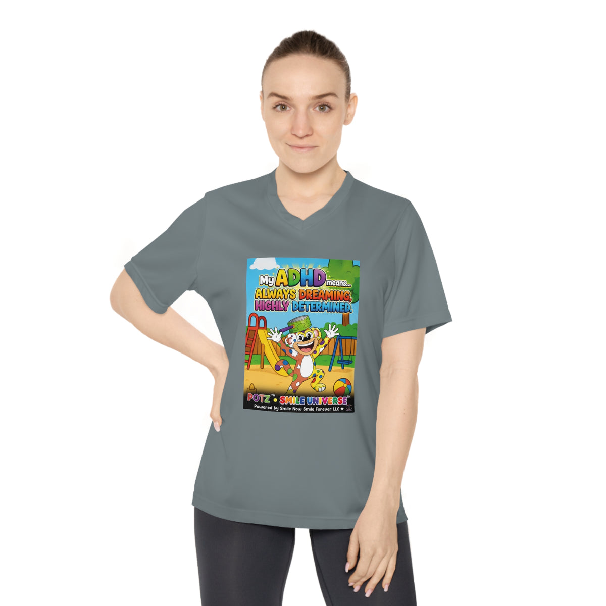 Potz™ Women's Performance V-Neck T-Shirt – "My ADHD Means Always Dreaming, Highly Determined" Graphic Tee | Smile Universe Collection