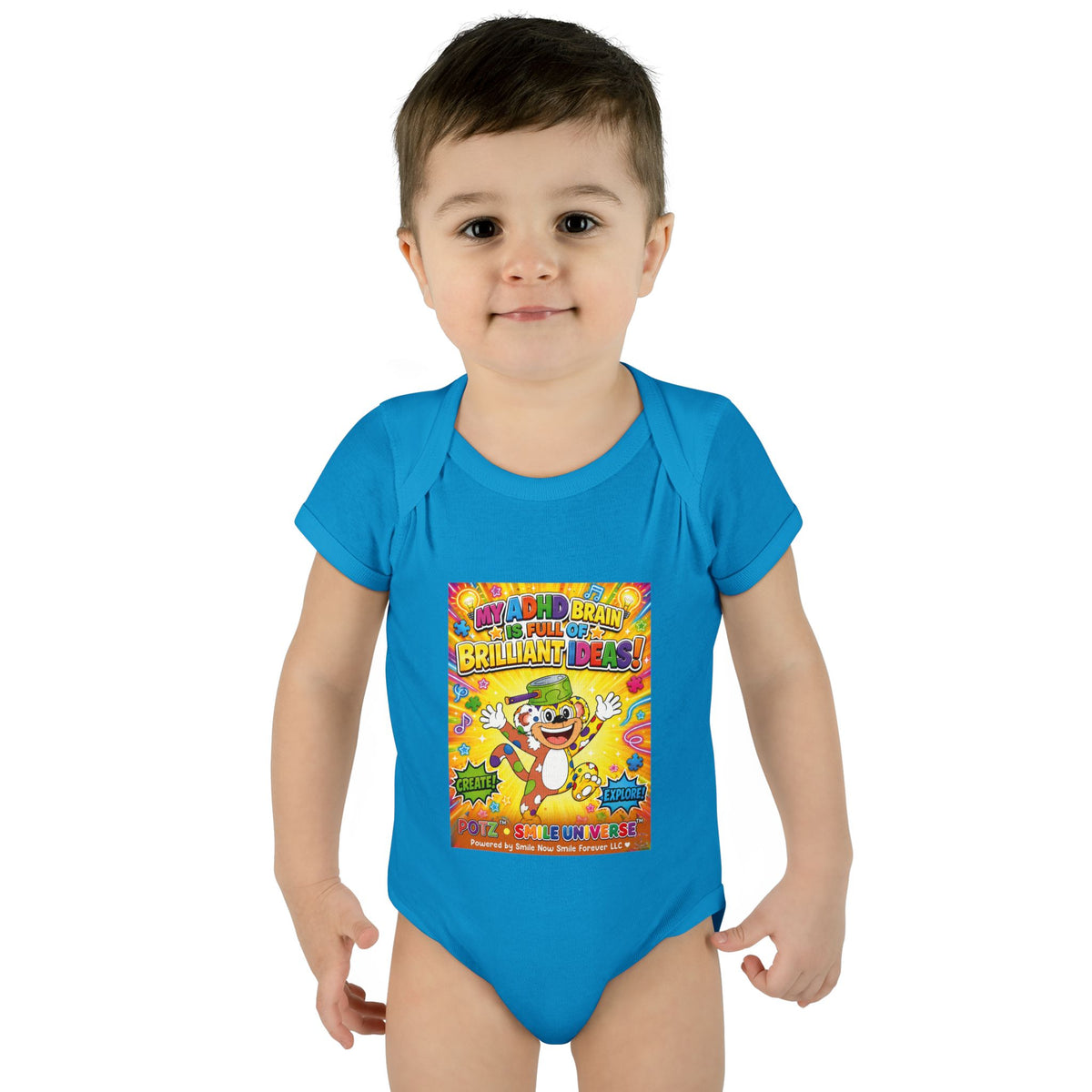 Potz™ Infant Baby Rib Bodysuit – "My ADHD Brain is Full of Brilliant Ideas!" Graphic Onesie | Smile Universe Collection