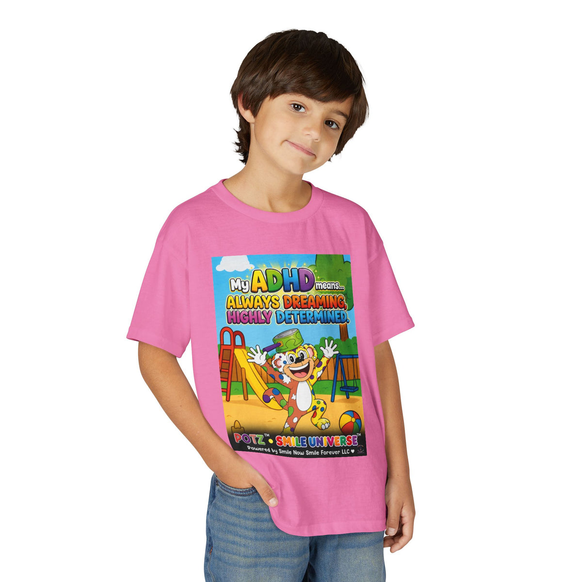 Potz™ Youth DryBlend® T-Shirt – "My ADHD Means Always Dreaming, Highly Determined" Graphic Tee | Smile Universe Collection