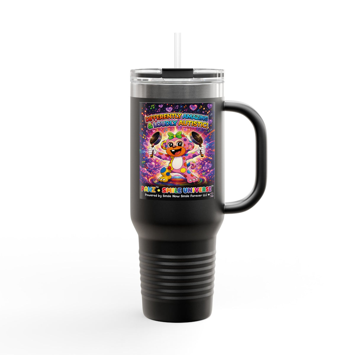 Panz™ 40oz Insulated Travel Mug – "Differently Amazing & Loudly Autistic!" Graphic | Smile Universe Collection