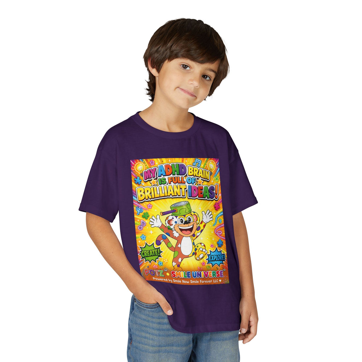 Potz™ Youth DryBlend® T-Shirt – "My ADHD Brain is Full of Brilliant Ideas!" Graphic Tee | Smile Universe Collection