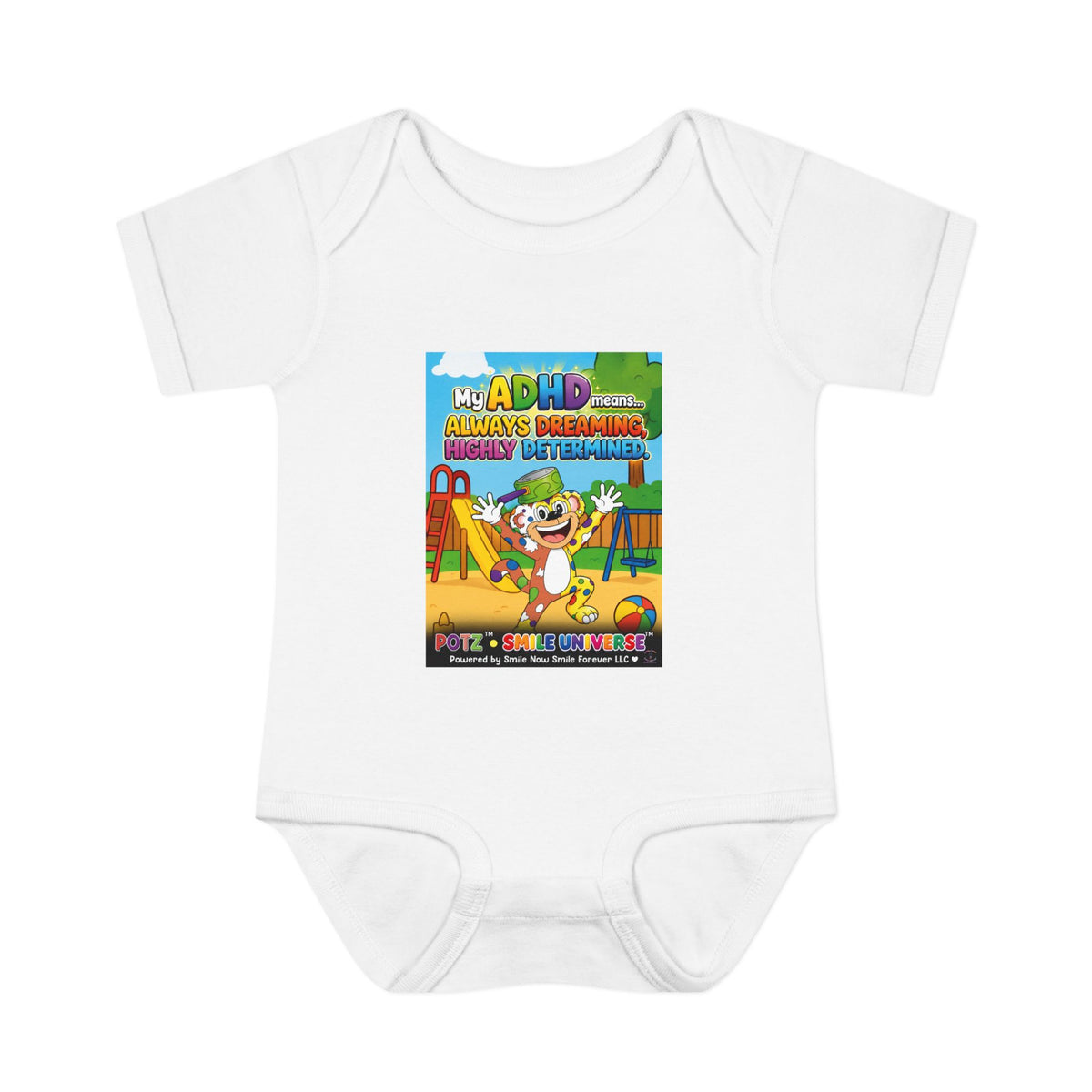 Potz™ Infant Baby Rib Bodysuit – "My ADHD Means Always Dreaming, Highly Determined" Graphic Onesie | Smile Universe Collection