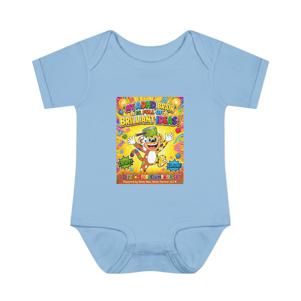 Potz™ Infant Baby Rib Bodysuit – "My ADHD Brain is Full of Brilliant Ideas!" Graphic Onesie | Smile Universe Collection
