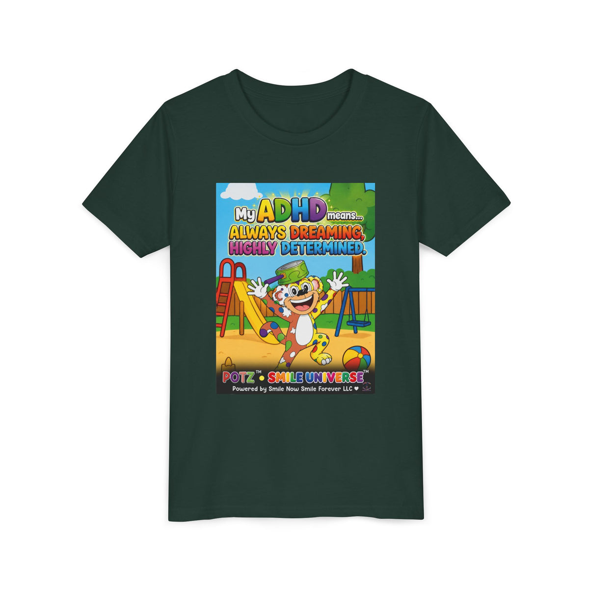 Potz™ Youth Short Sleeve Tee – "My ADHD Means Always Dreaming, Highly Determined" Graphic Tee | Smile Universe Collection
