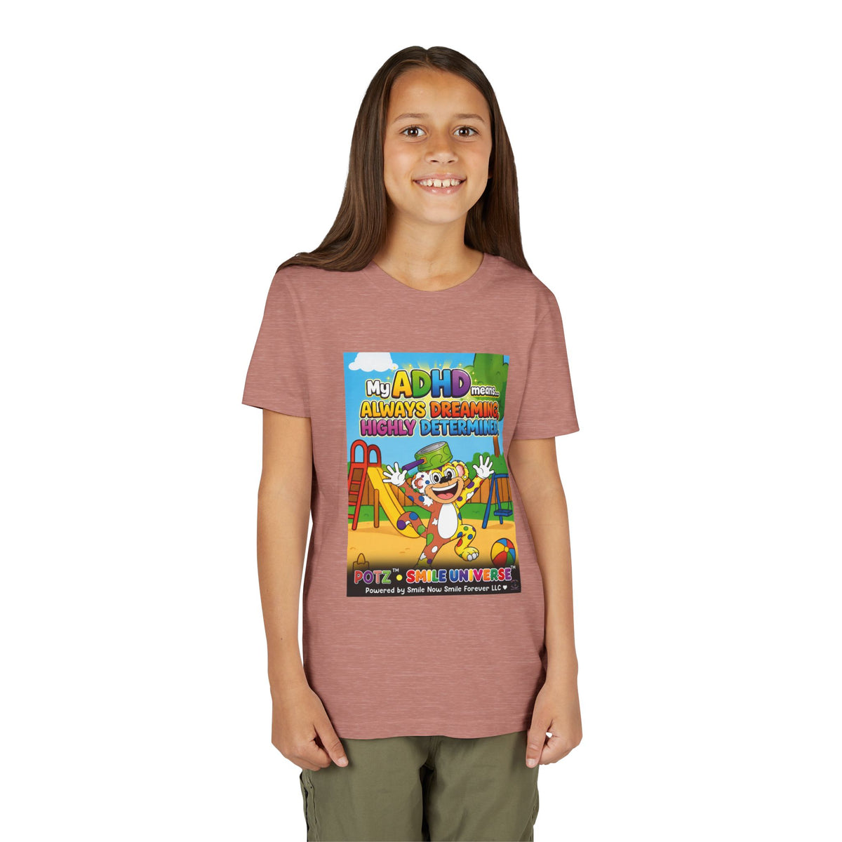 Potz™ Youth Short Sleeve Tee – "My ADHD Means Always Dreaming, Highly Determined" Graphic Tee | Smile Universe Collection