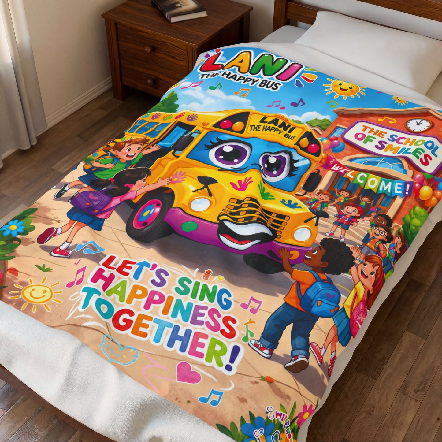 Lani the Happy Bus Kids Velveteen Blanket — "Let's Sing Happiness Together" Cozy Throw