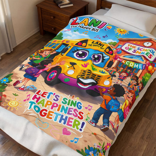 Lani the Happy Bus Kids Velveteen Blanket — "Let's Sing Happiness Together" Cozy Throw