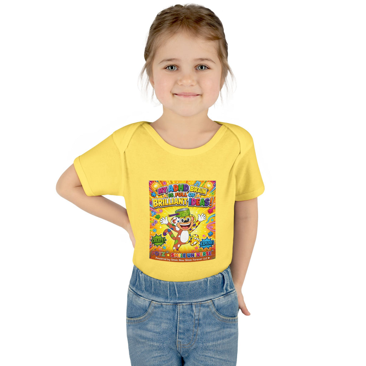 Potz™ Infant Baby Rib Bodysuit – "My ADHD Brain is Full of Brilliant Ideas!" Graphic Onesie | Smile Universe Collection