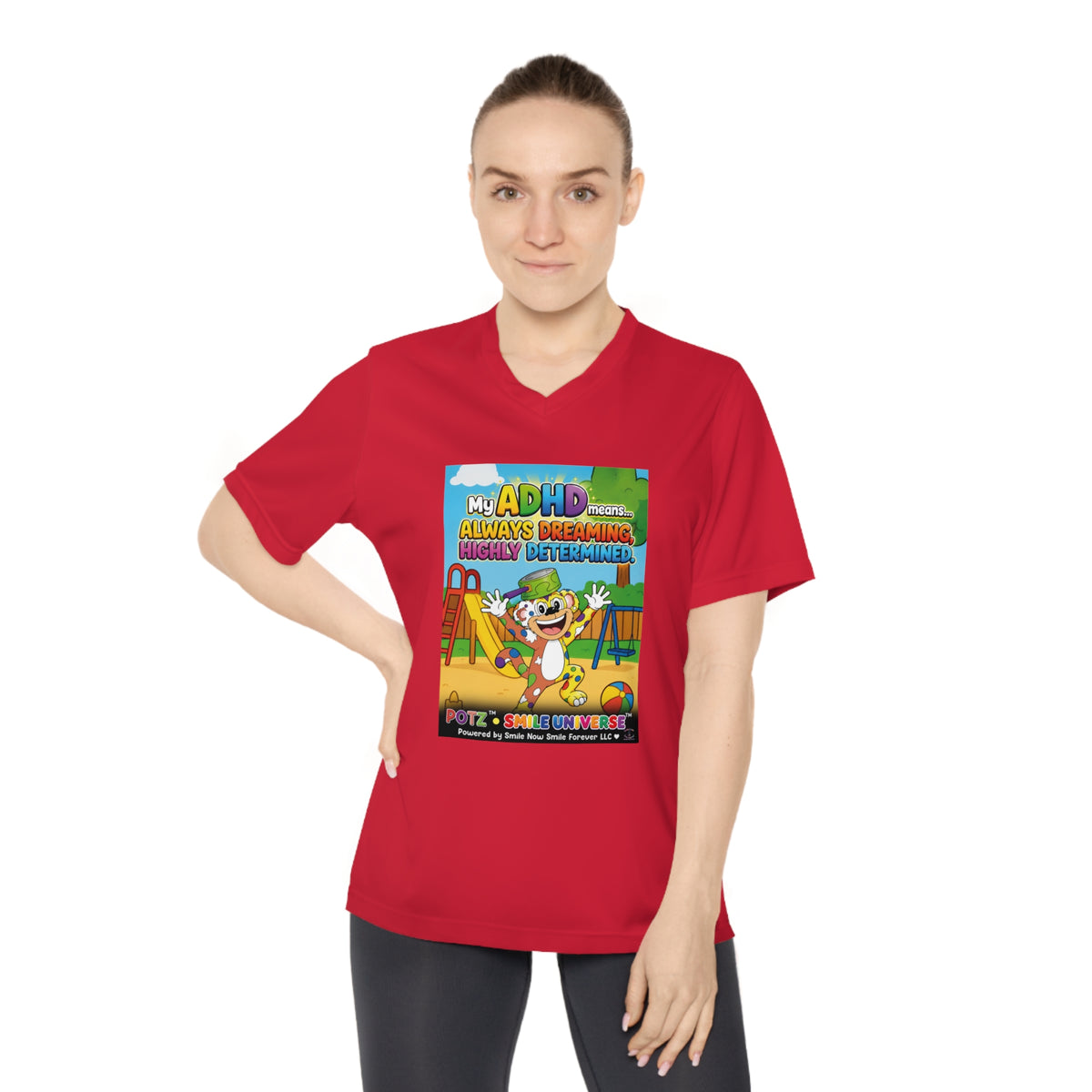 Potz™ Women's Performance V-Neck T-Shirt – "My ADHD Means Always Dreaming, Highly Determined" Graphic Tee | Smile Universe Collection