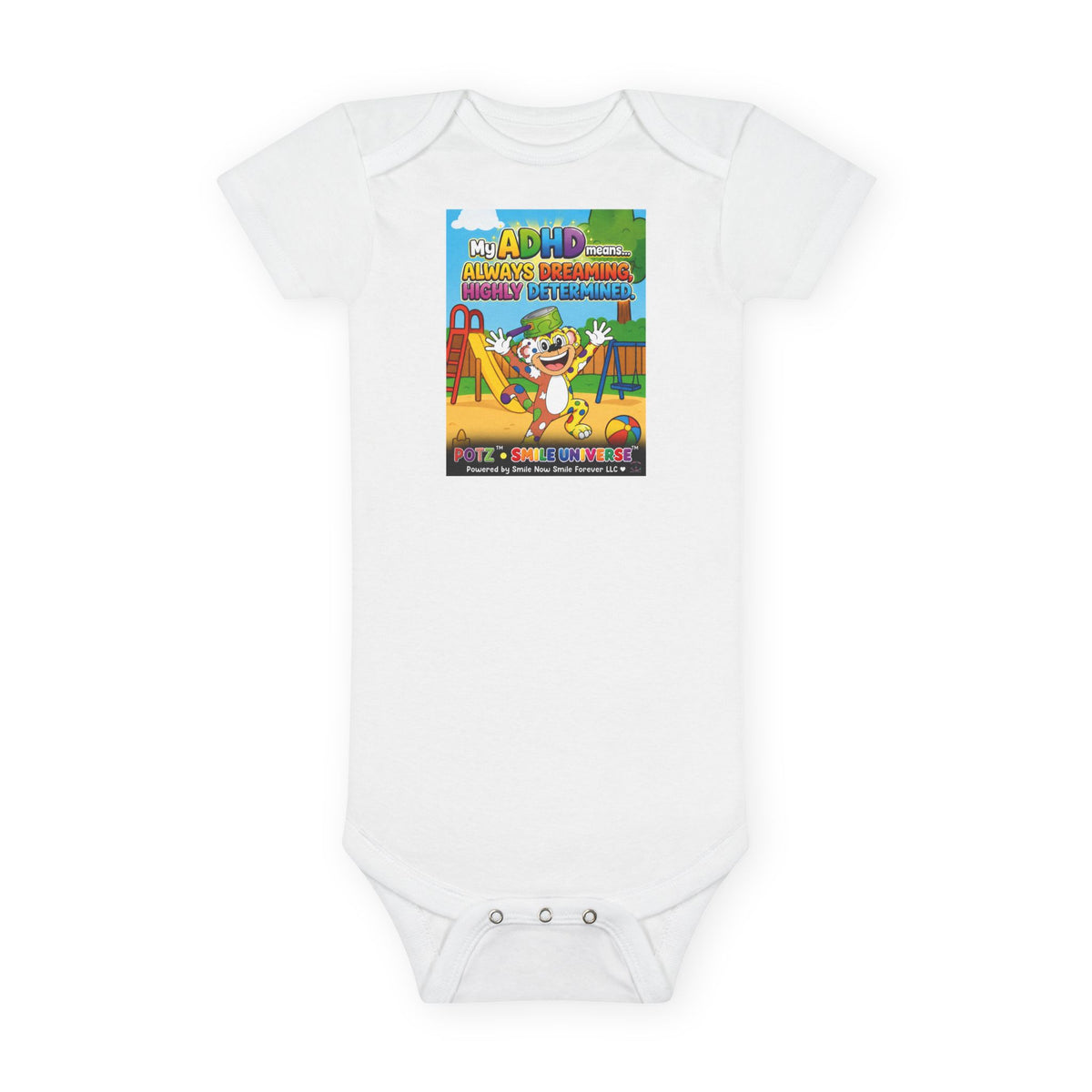 Potz™ Baby Short Sleeve Onesie® – "My ADHD Means Always Dreaming, Highly Determined" Graphic Bodysuit | Smile Universe Collection