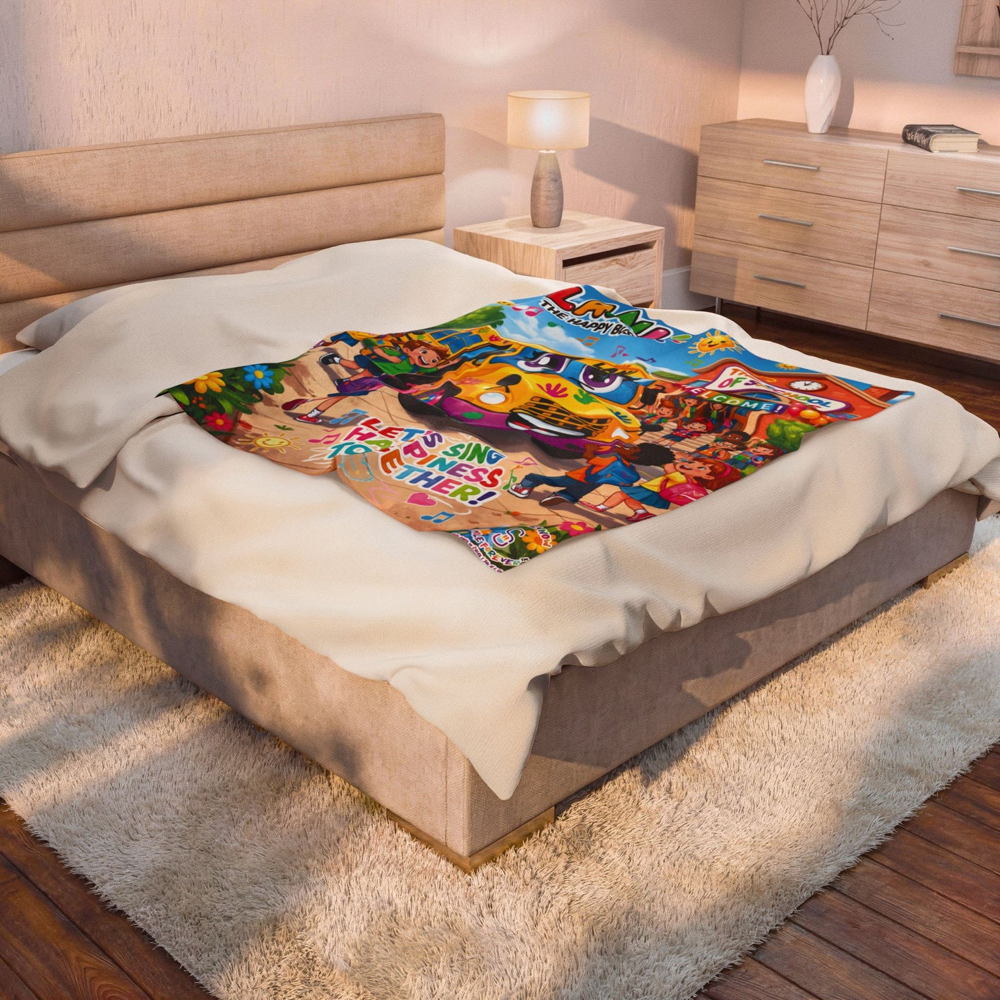 Lani the Happy Bus Kids Velveteen Blanket — "Let's Sing Happiness Together" Cozy Throw