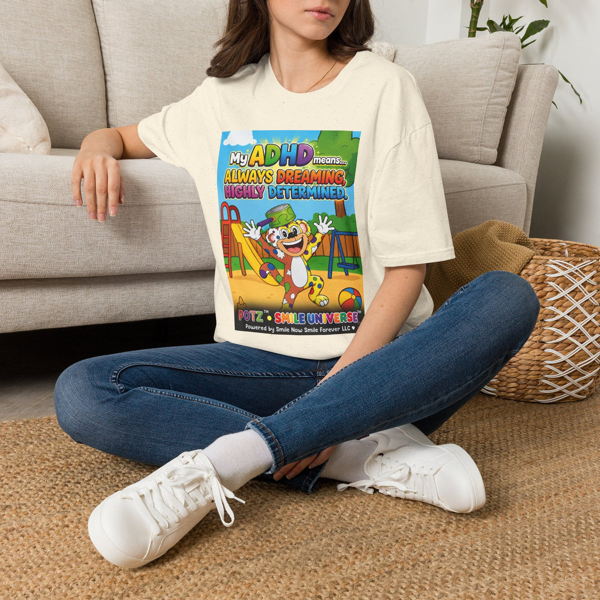 Potz™ Unisex Softstyle T-Shirt – "My ADHD Means Always Dreaming, Highly Determined" Graphic Tee | Smile Universe Collection