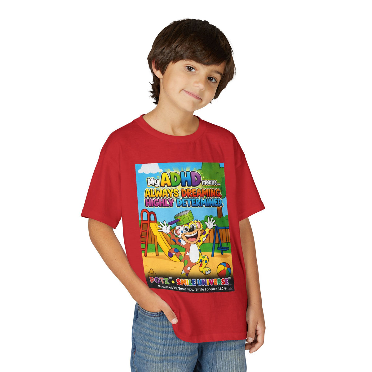 Potz™ Youth DryBlend® T-Shirt – "My ADHD Means Always Dreaming, Highly Determined" Graphic Tee | Smile Universe Collection