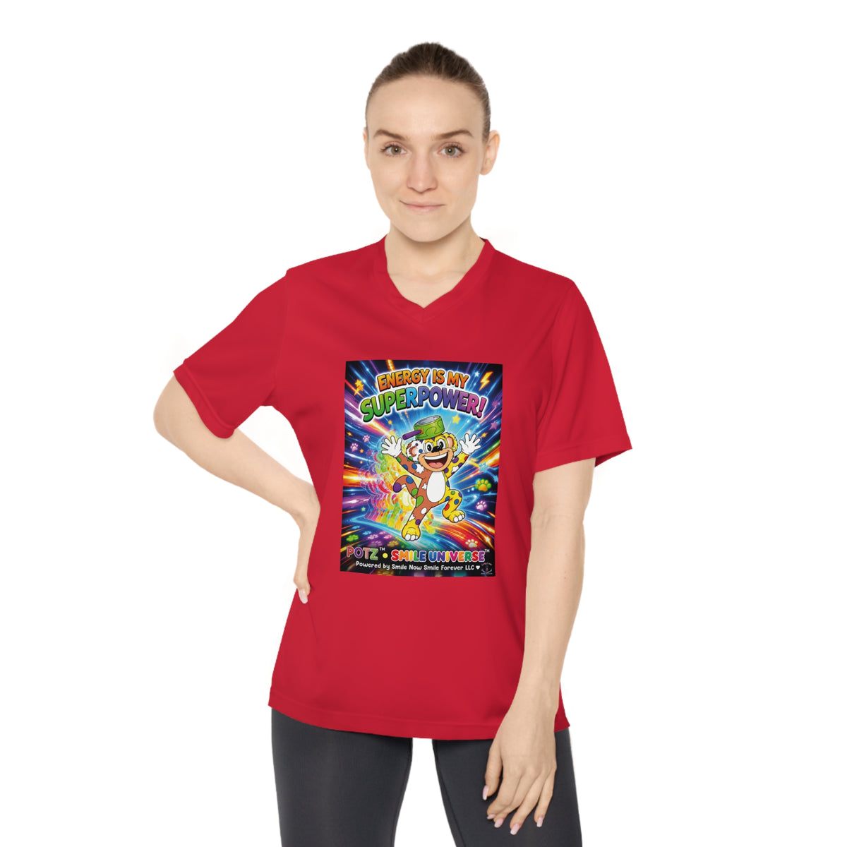 Potz™ Women's Performance V-Neck T-Shirt – "Energy is My Superpower!" Graphic Tee | Smile Universe Collection