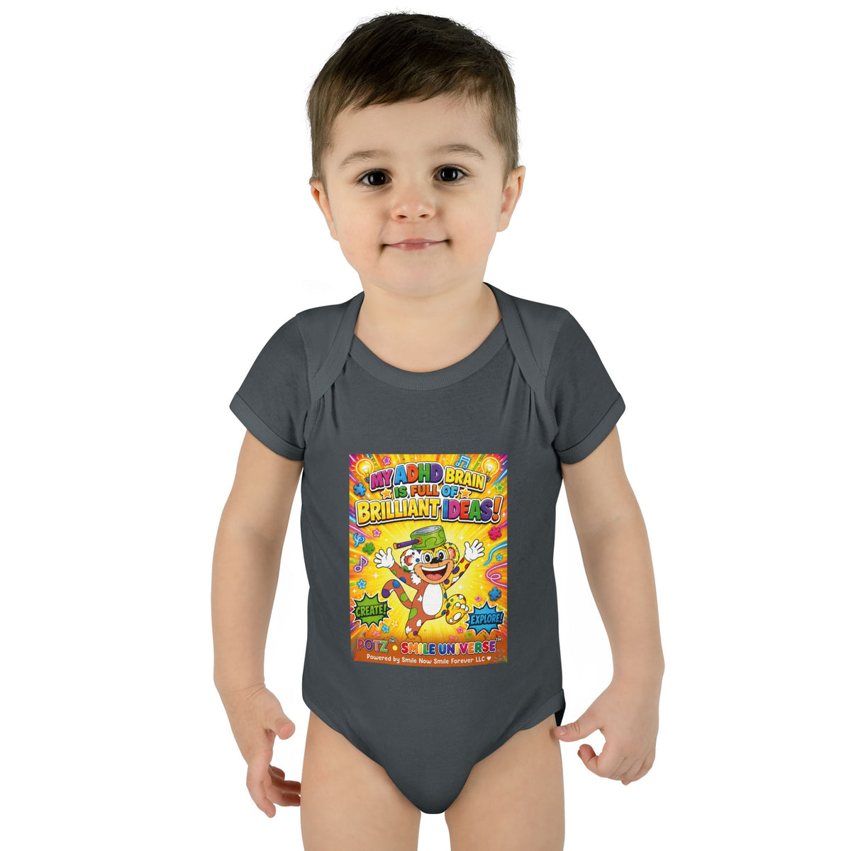 Potz™ Infant Baby Rib Bodysuit – "My ADHD Brain is Full of Brilliant Ideas!" Graphic Onesie | Smile Universe Collection