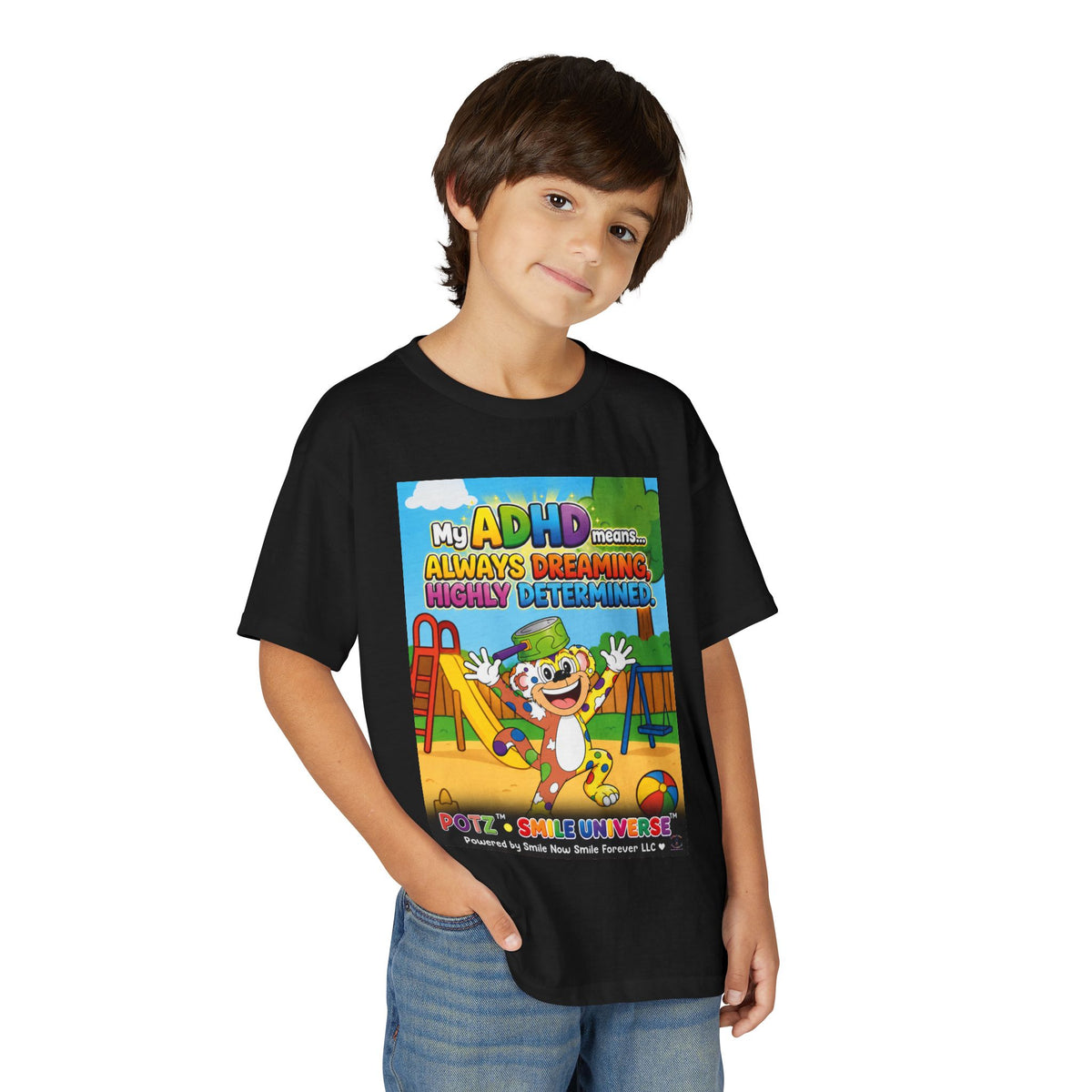 Potz™ Youth DryBlend® T-Shirt – "My ADHD Means Always Dreaming, Highly Determined" Graphic Tee | Smile Universe Collection