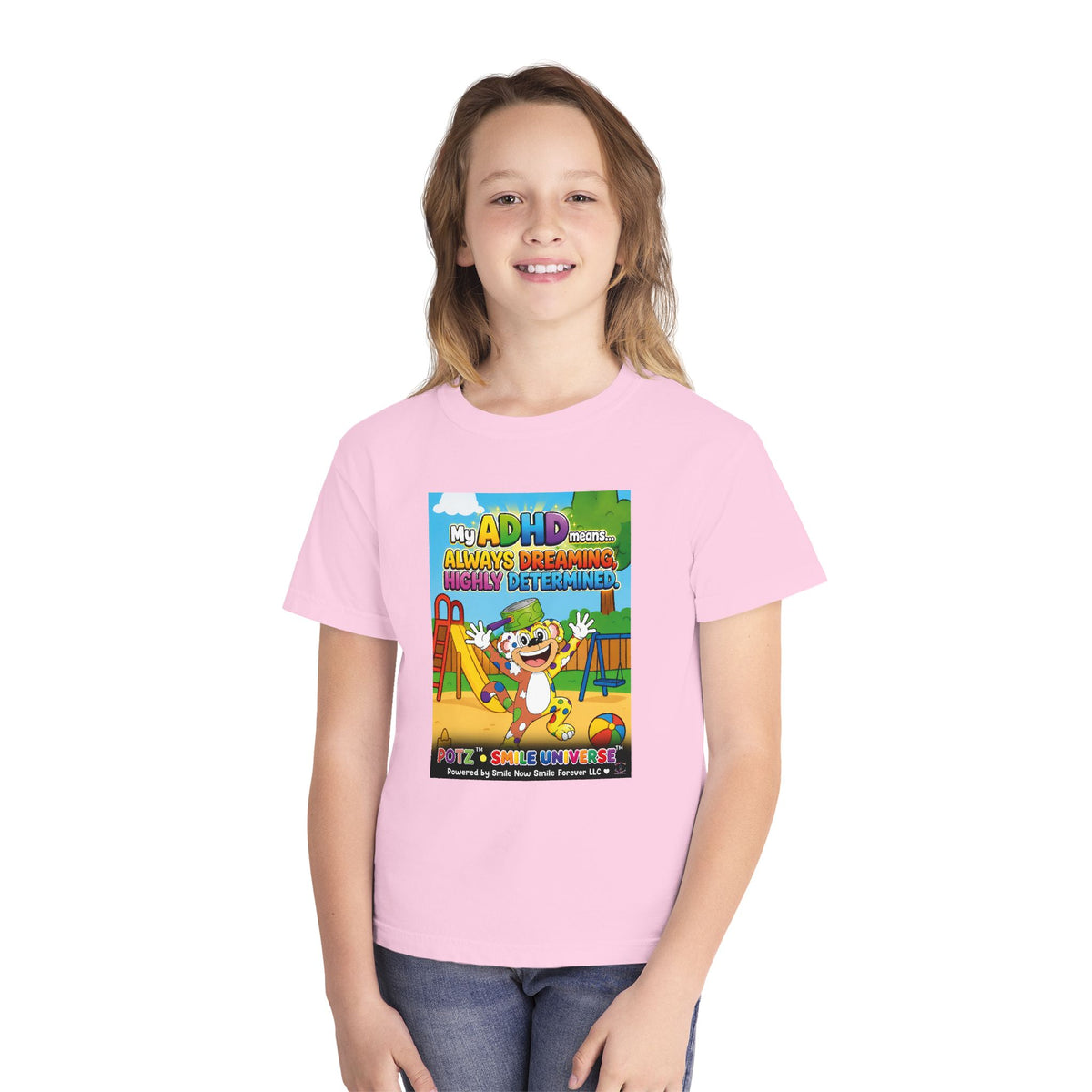 Potz™ Youth Midweight Tee – "My ADHD Means Always Dreaming, Highly Determined" Graphic Tee | Smile Universe Collection