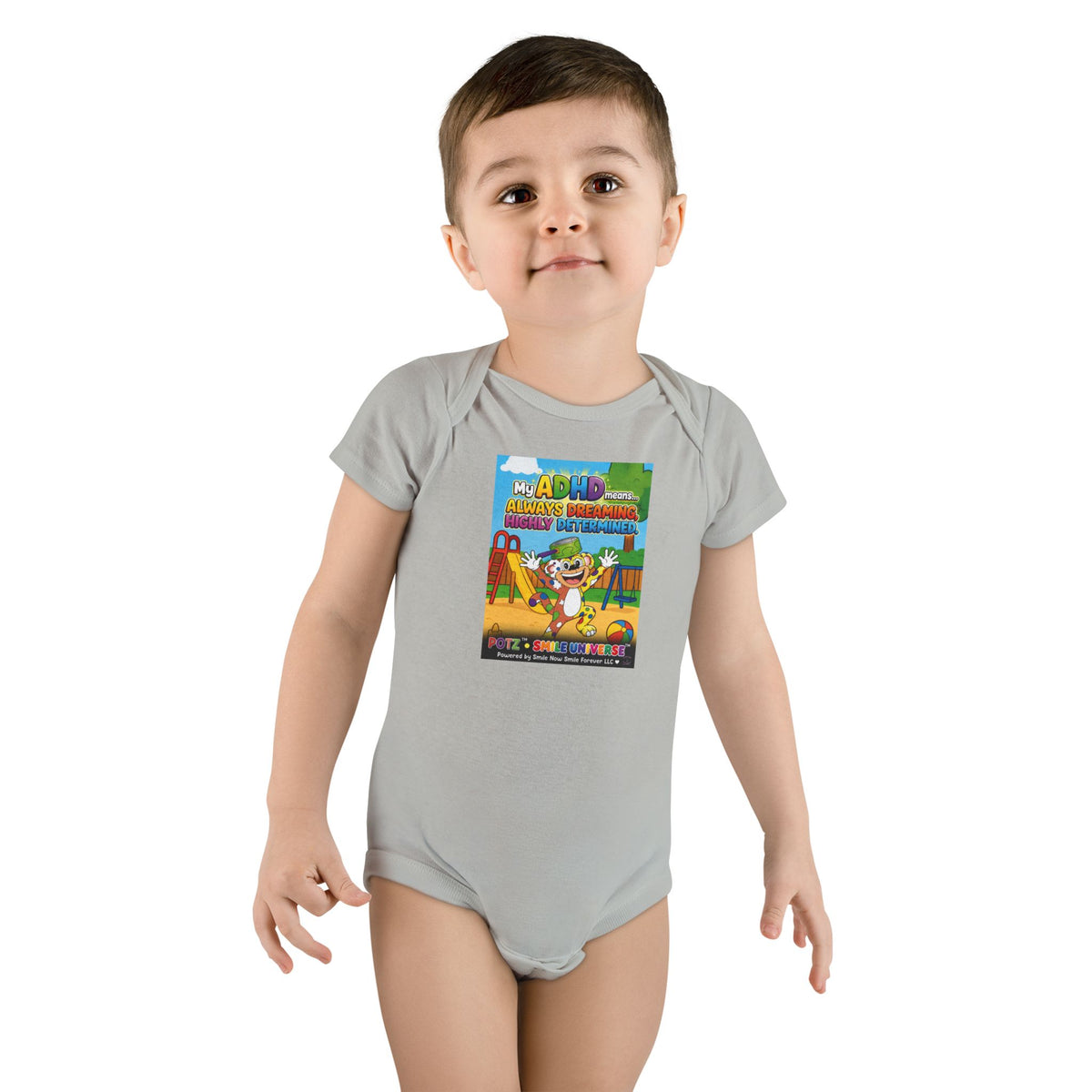 Potz™ Baby Short Sleeve Onesie® – "My ADHD Means Always Dreaming, Highly Determined" Graphic Bodysuit | Smile Universe Collection