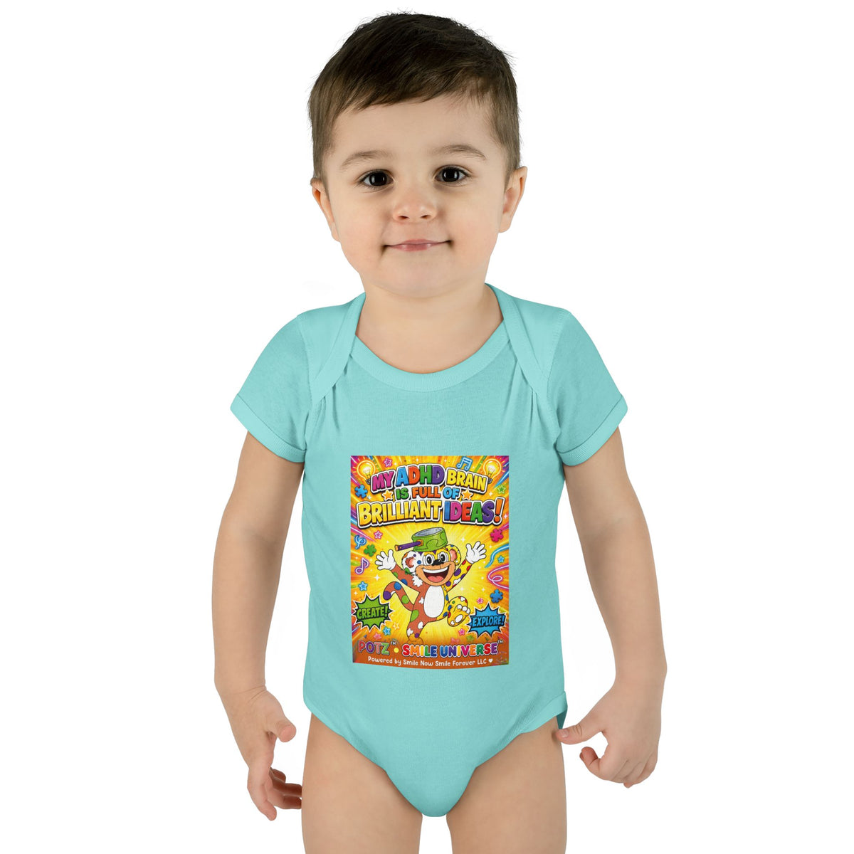 Potz™ Infant Baby Rib Bodysuit – "My ADHD Brain is Full of Brilliant Ideas!" Graphic Onesie | Smile Universe Collection