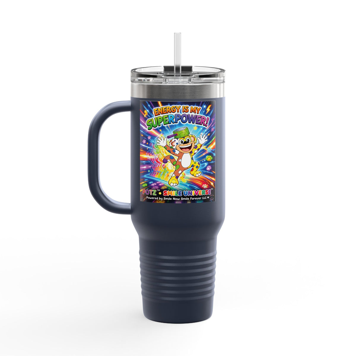 Potz™ Insulated Travel Mug 40oz – "Energy is My Superpower!" Graphic Tumbler | Smile Universe Collection