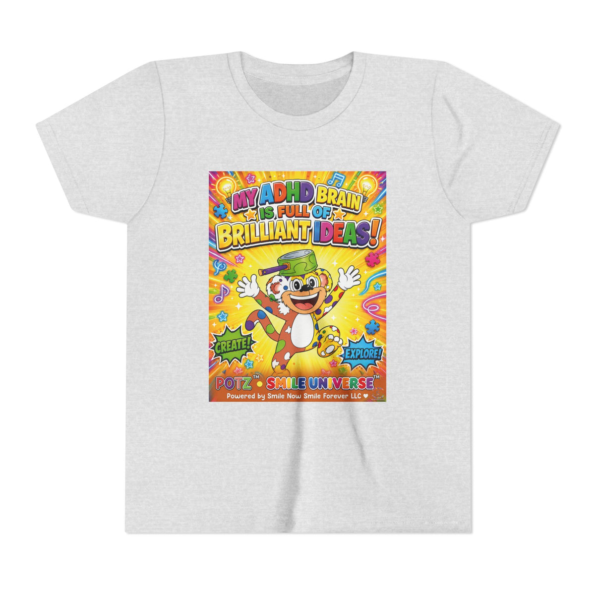 Potz™ Youth Short Sleeve Tee – "My ADHD Brain is Full of Brilliant Ideas!" Graphic Tee | Smile Universe Collection