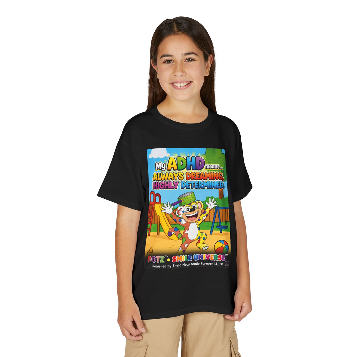 Potz™ Youth DryBlend® T-Shirt – "My ADHD Means Always Dreaming, Highly Determined" Graphic Tee | Smile Universe Collection