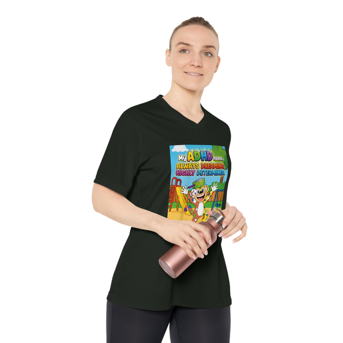 Potz™ Women's Performance V-Neck T-Shirt – "My ADHD Means Always Dreaming, Highly Determined" Graphic Tee | Smile Universe Collection