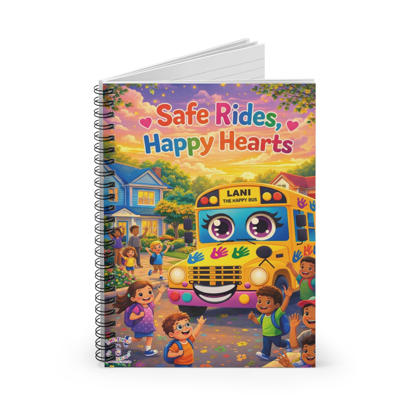 Lani™ Spiral Notebook – Ruled Line | "Safe Rides, Happy Hearts" Graphic