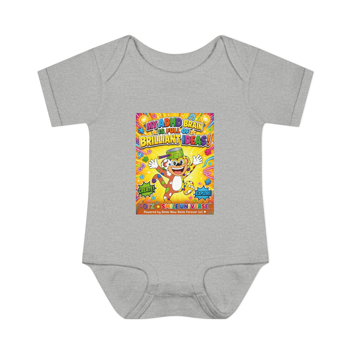 Potz™ Infant Baby Rib Bodysuit – "My ADHD Brain is Full of Brilliant Ideas!" Graphic Onesie | Smile Universe Collection