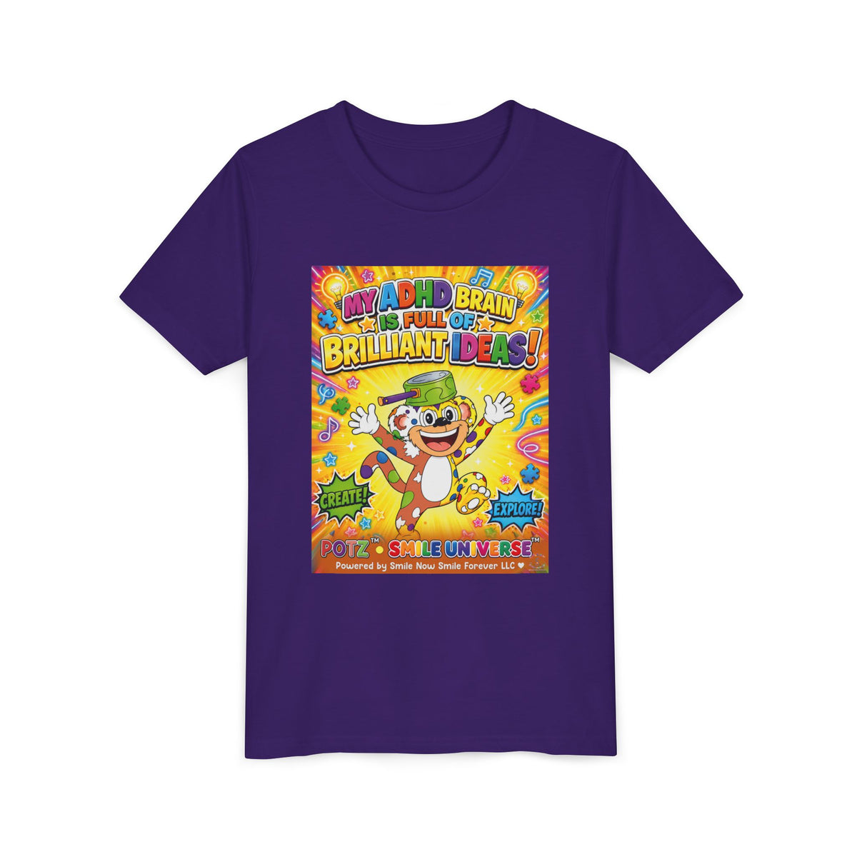 Potz™ Youth Short Sleeve Tee – "My ADHD Brain is Full of Brilliant Ideas!" Graphic Tee | Smile Universe Collection
