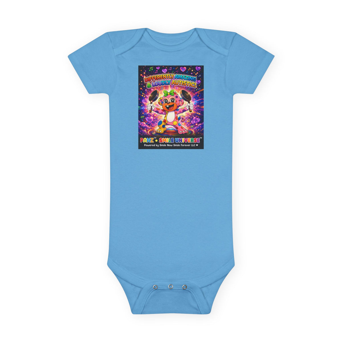 Panz™ Baby Short Sleeve Onesie® – "Differently Amazing & Loudly Autistic!" Graphic | Smile Universe Collection