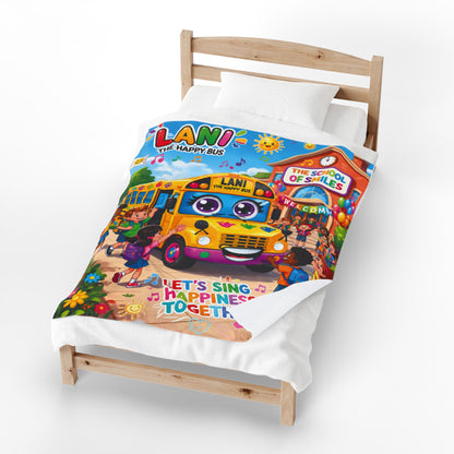 Lani the Happy Bus Kids Velveteen Blanket — "Let's Sing Happiness Together" Cozy Throw