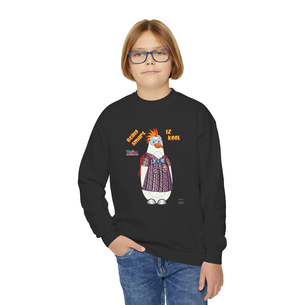 TuBz™ "Being Smart Iz Kool" Youth Crewneck Sweatshirt – Character Dress-Up Graphic Sweatshirt | Smile Universe TuBz4Kidz Collection