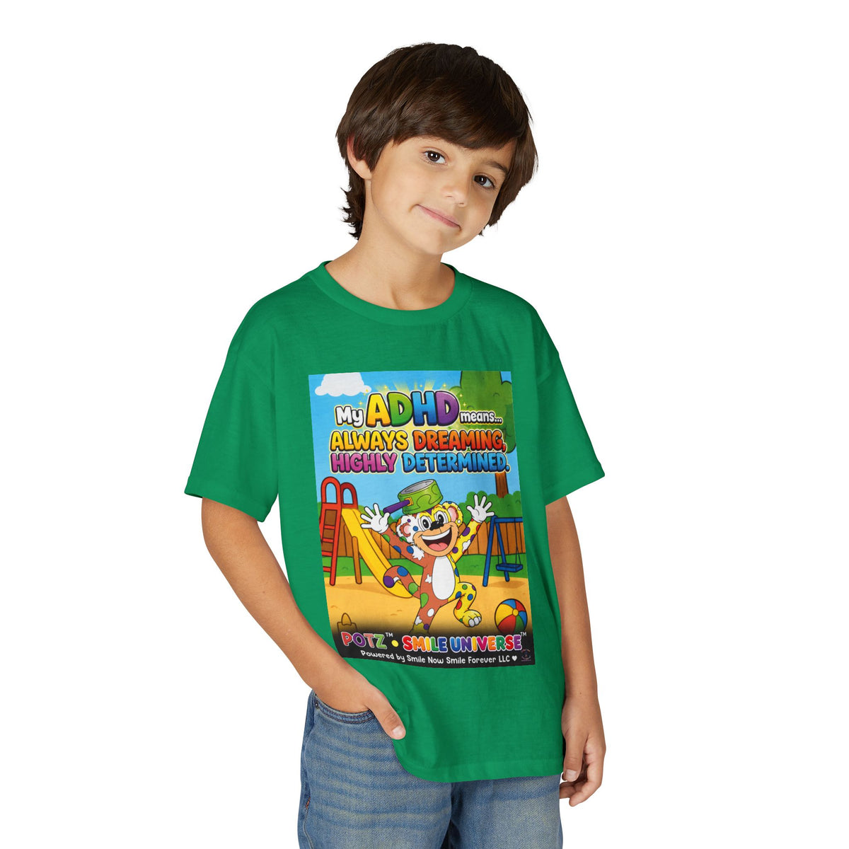 Potz™ Youth DryBlend® T-Shirt – "My ADHD Means Always Dreaming, Highly Determined" Graphic Tee | Smile Universe Collection