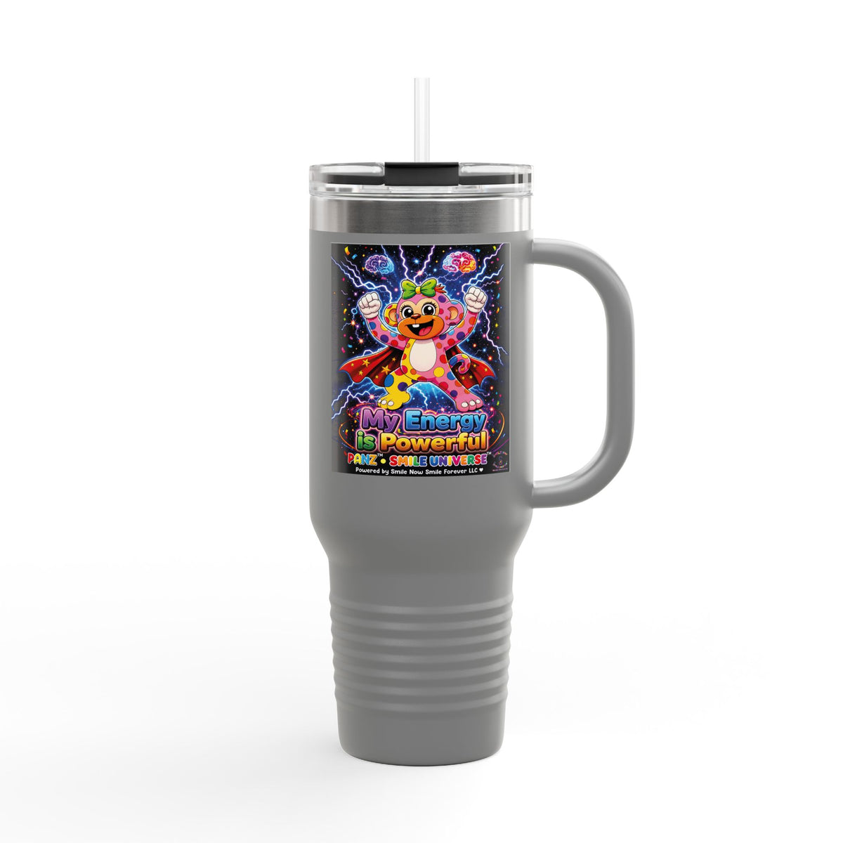 Panz™ Insulated Travel Mug 40oz – "My Energy is Powerful" Graphic Tumbler | Smile Universe Collection