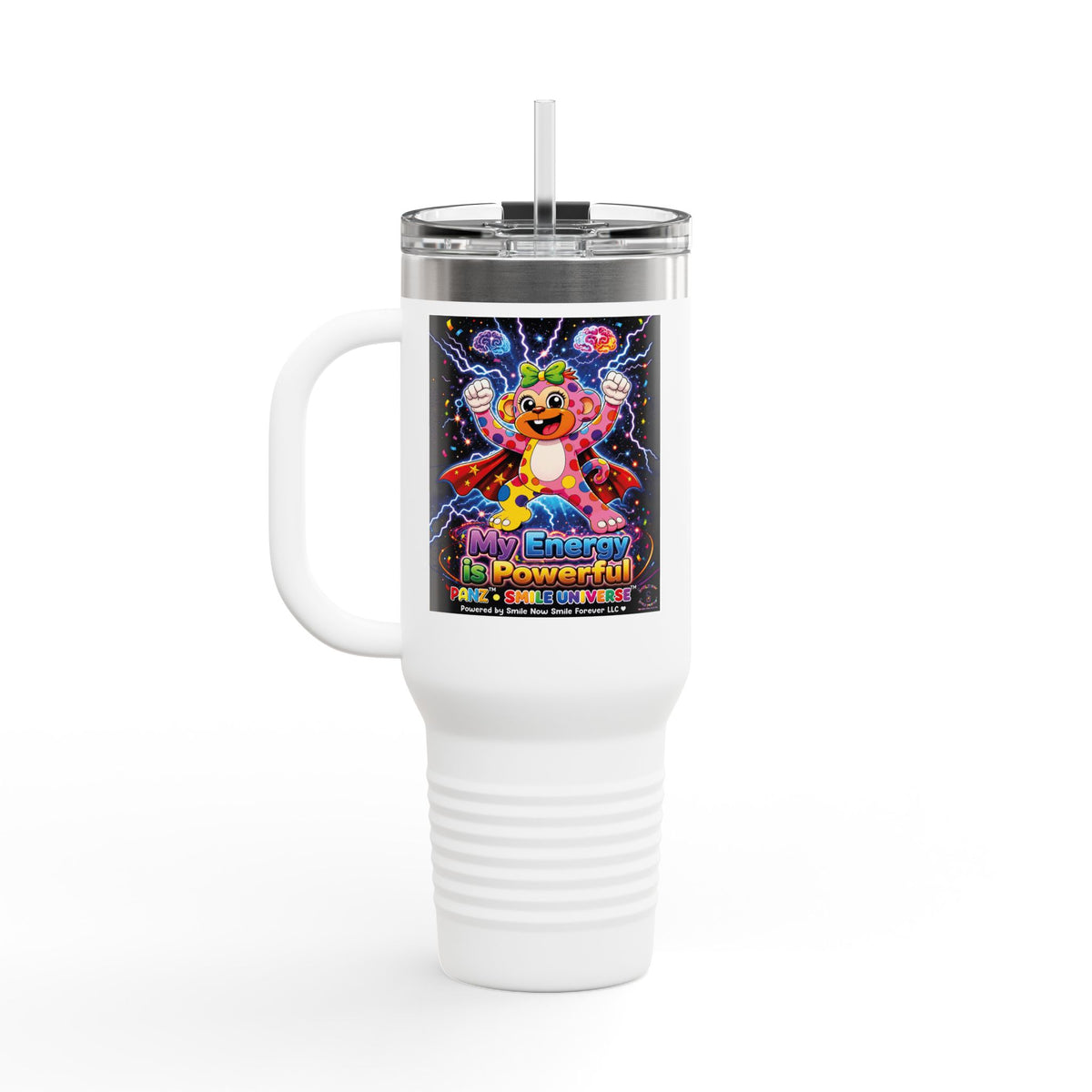 Panz™ Insulated Travel Mug 40oz – "My Energy is Powerful" Graphic Tumbler | Smile Universe Collection
