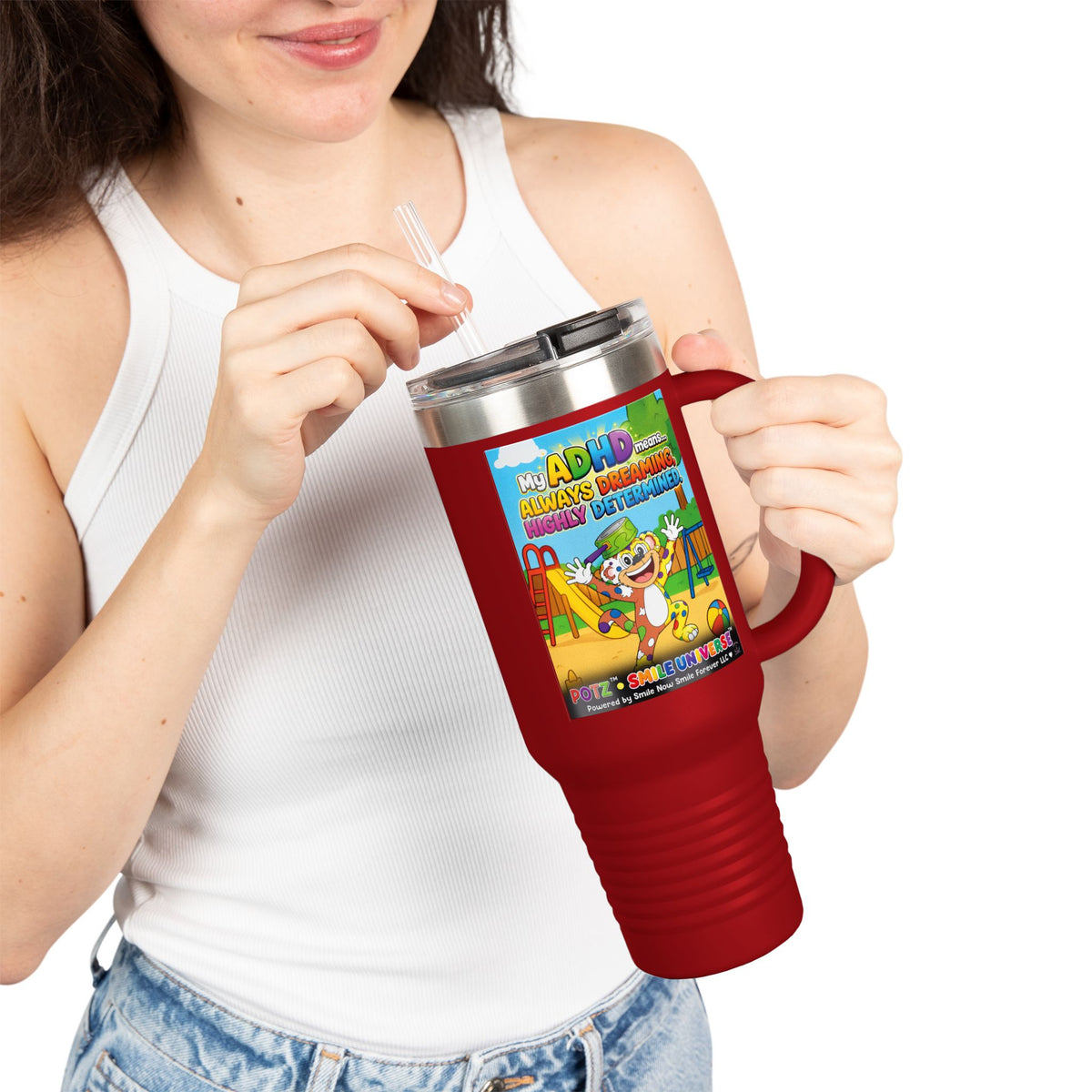 Potz™ Insulated Travel Mug 40oz – "My ADHD Means Always Dreaming, Highly Determined" Graphic Tumbler | Smile Universe Collection